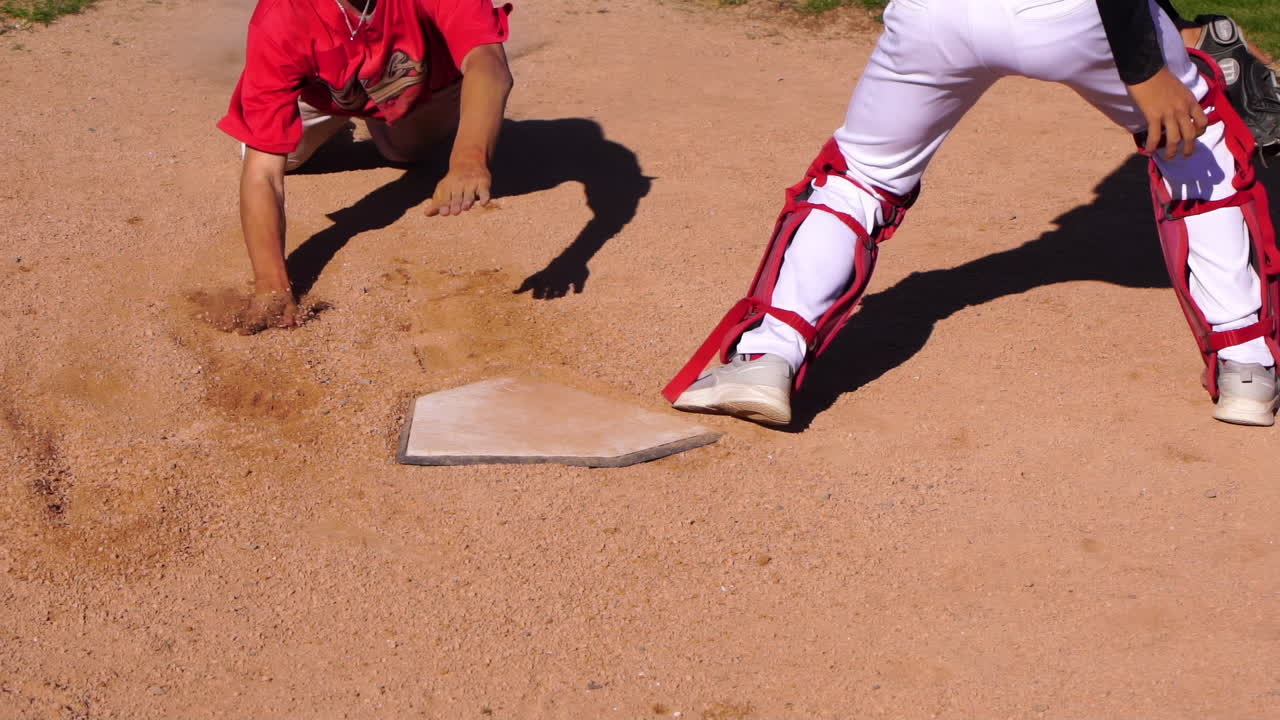 An intricate action sequence showcasing a thrilling baseball slide to home plate during a game