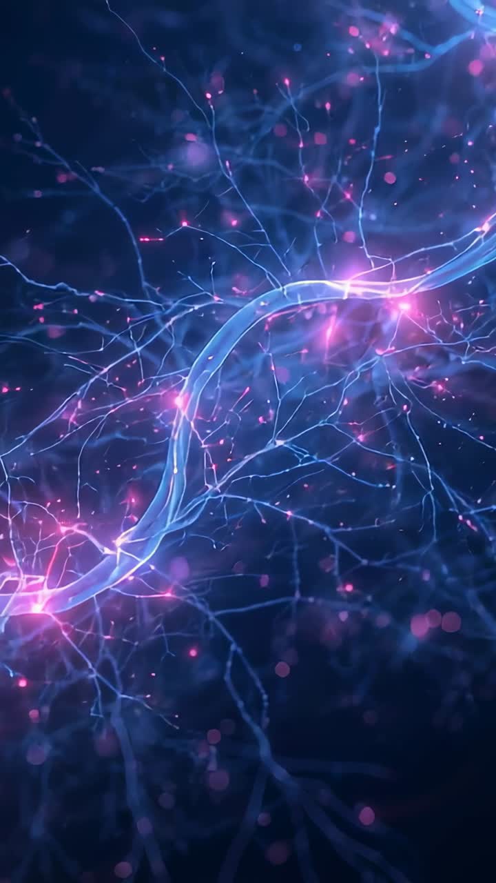 Vertical video: Pulsing clear axon sending magenta pulses across micro neural web after node sparks