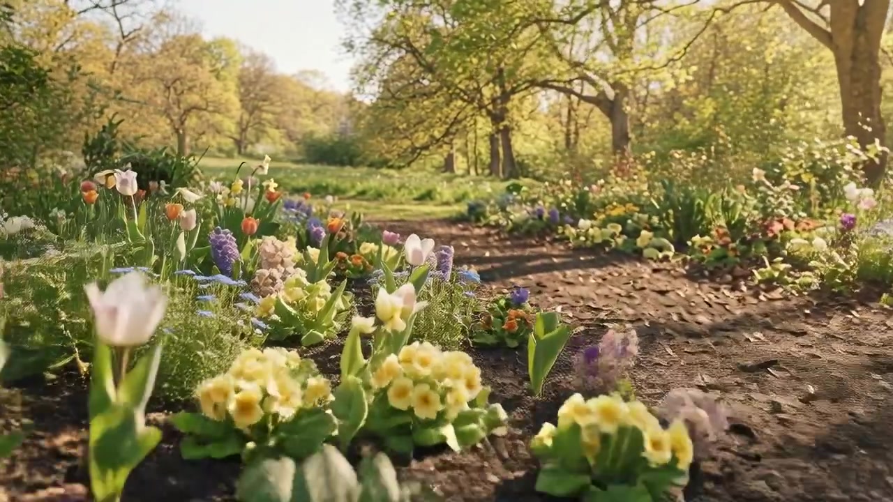 Zvedání kamery z nízkého úhlu ukazuje v popředí tulipány a hyacinty podél cesty z dřevěné štěpky, aby se ukázala louka.