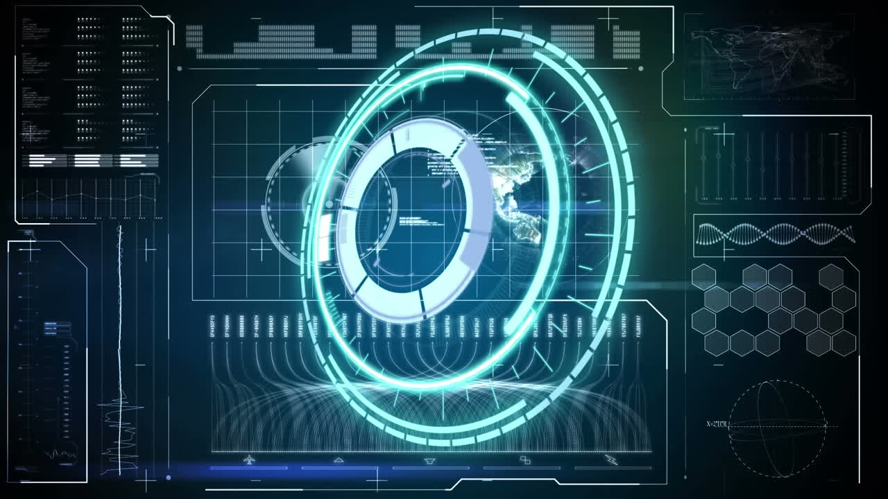 Animation of rotating safe lock over data processing on black background