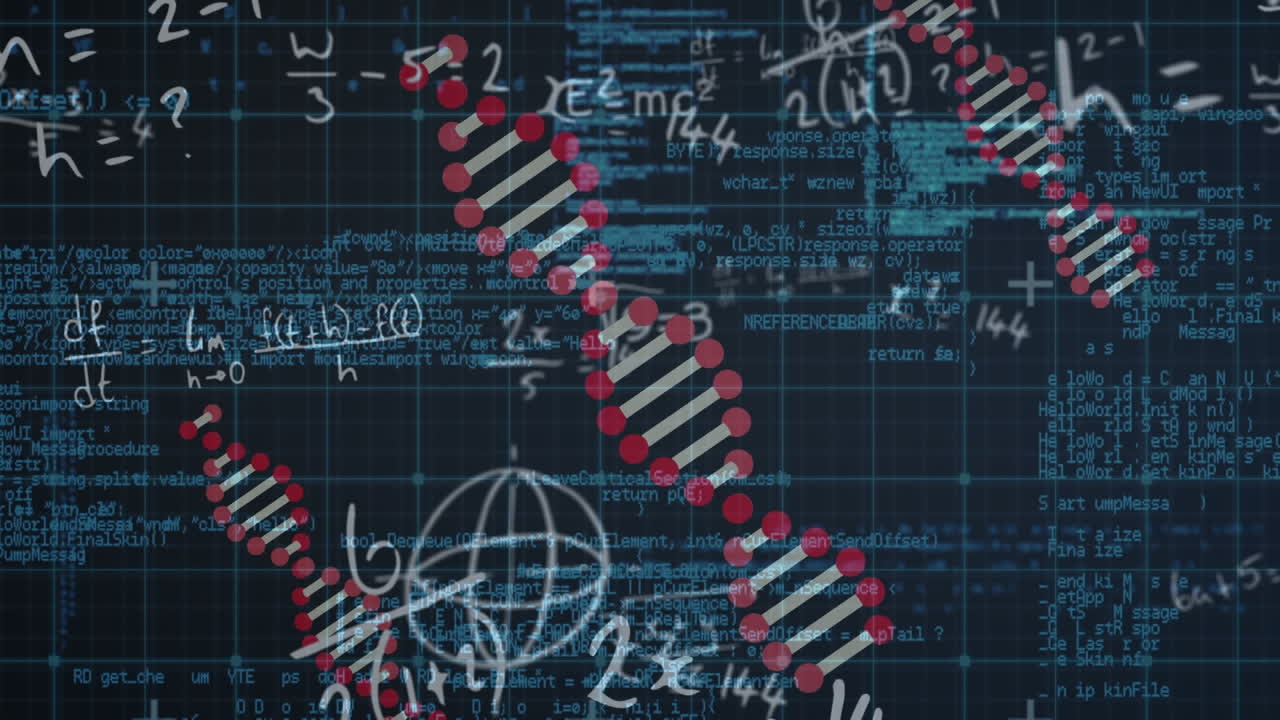 Animation of blue grid over rotating dna strands, equations and processing data on dark screen