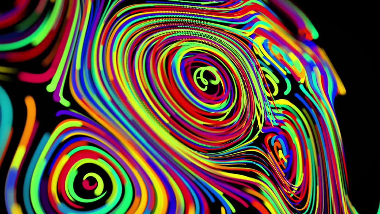 el flujo de partículas forma líneas rizadas como rastros de brillo de diferentes colores, las líneas forman un patrón giratorio como ruido de rizado. abstracto 3d bucle de flujo de animación como fondo festivo creativo brillante