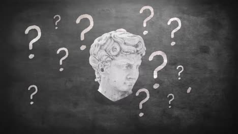 animation of antique sliced head sculpture over question marks on grey background