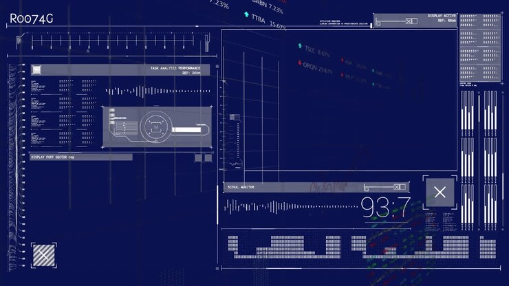 Animasi antarmuka digital dengan data dan pemrosesan data dengan latar belakang hitam