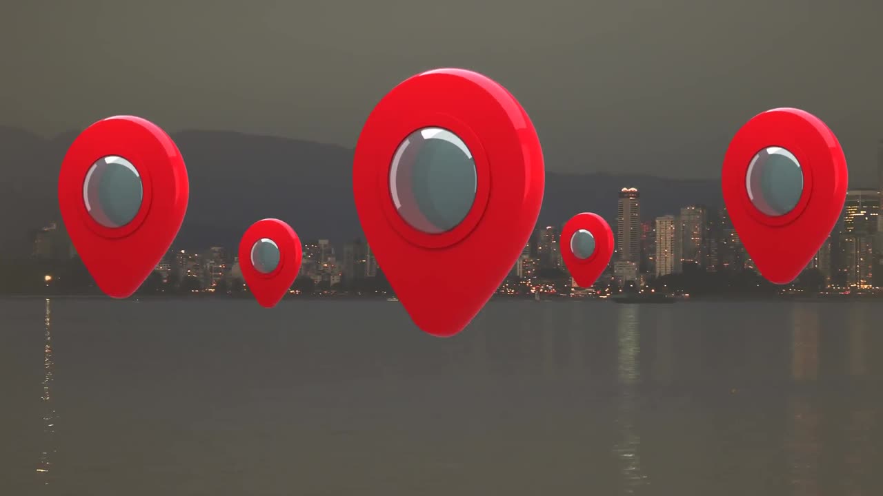 alfileres de mapa y una vista de la ciudad