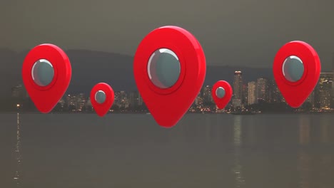 alfileres de mapa y una vista de la ciudad