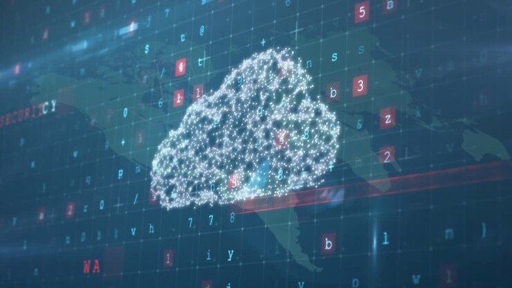 Cloud computing animation over world map with binary code and numbers