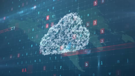 cloud computing animation over world map with binary code and numbers