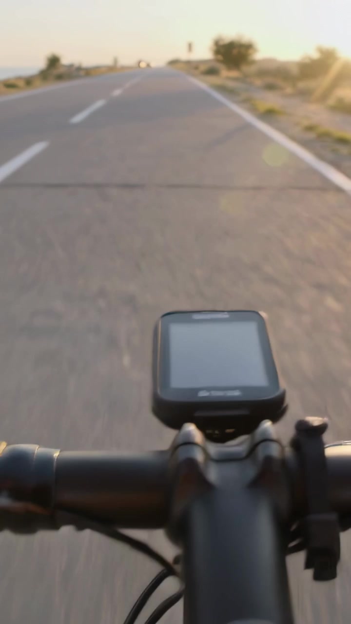 Video verticale: Inizio corsa, telecamera sul manubrio che registra una strada rurale al tramonto con ciclocomputer