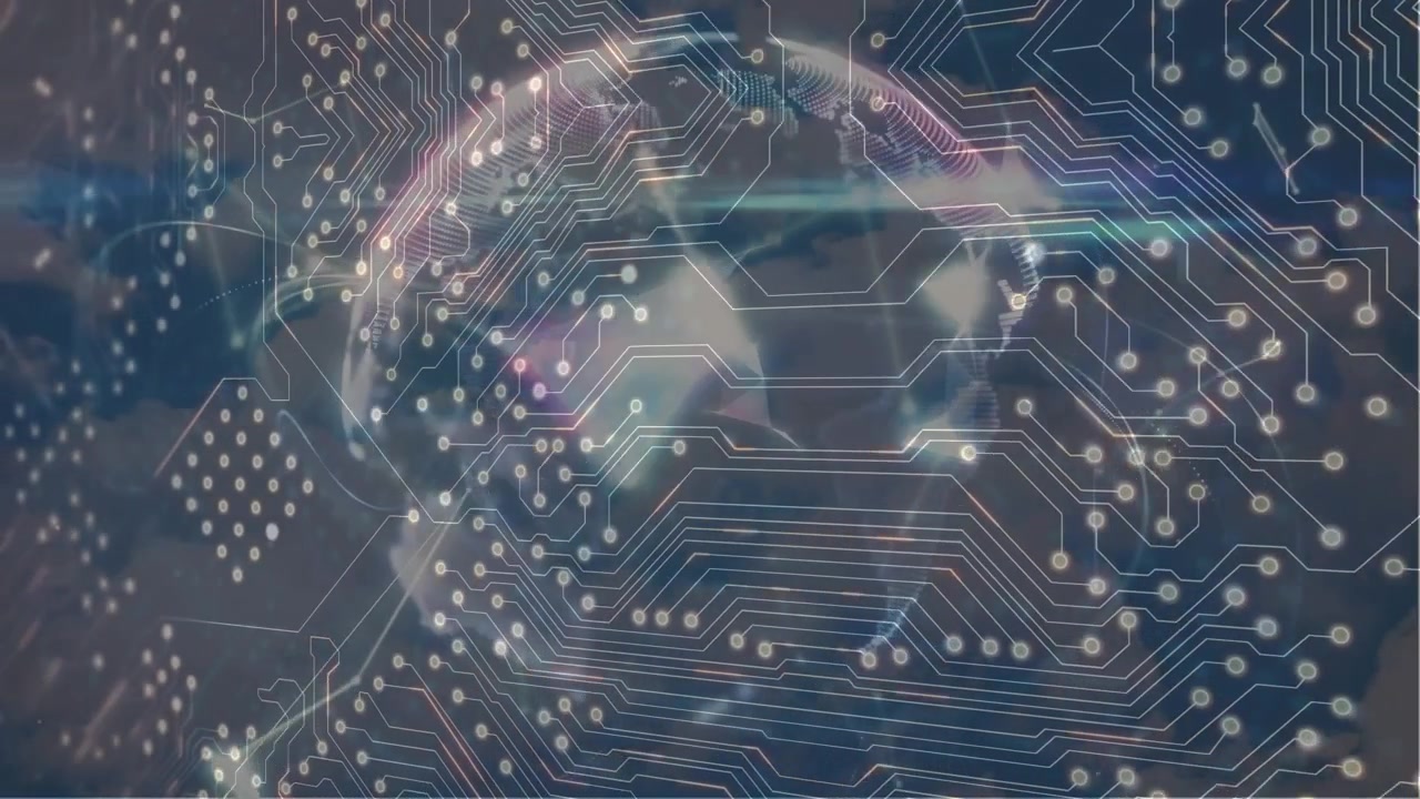 Animation of computer circuit board and globe over sky with clouds