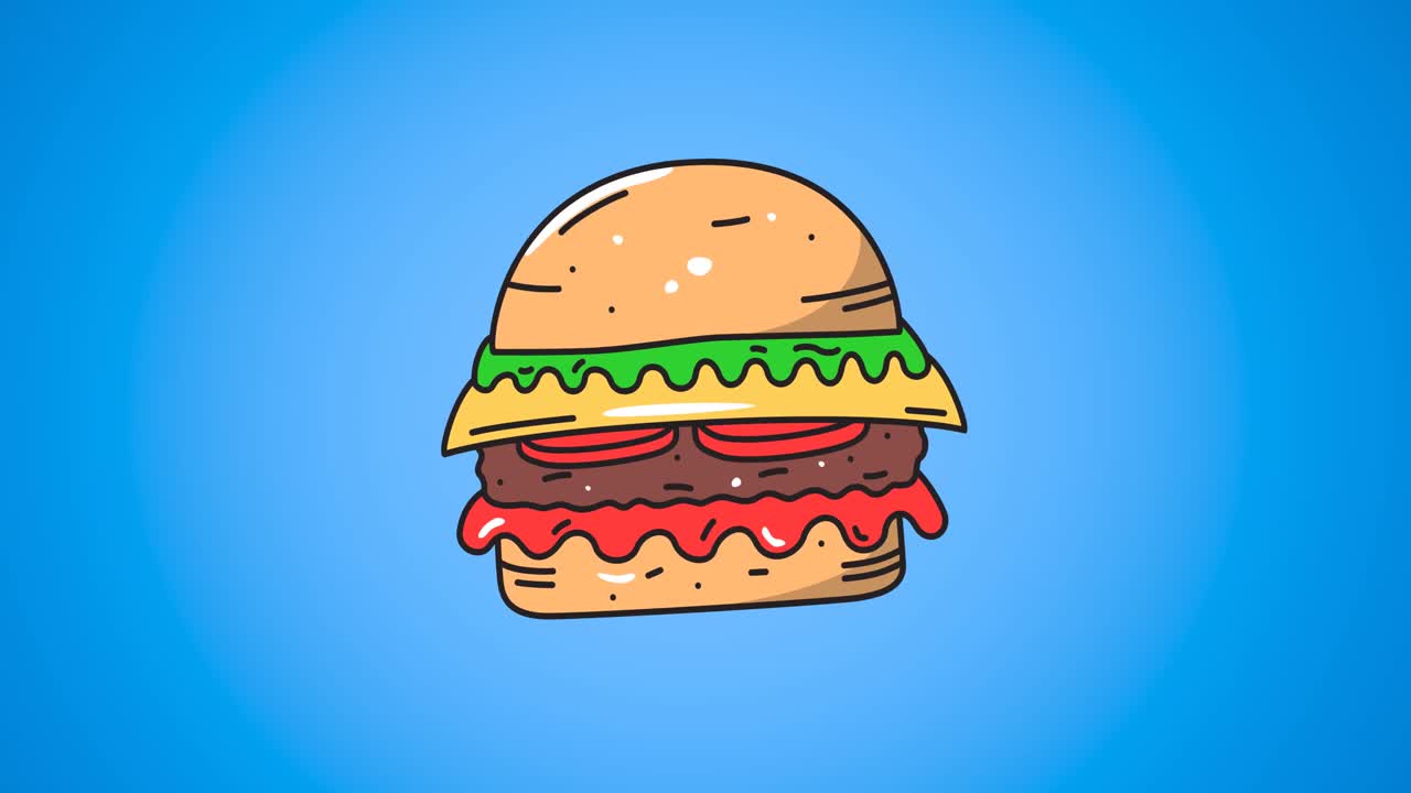 animación de hamburguesa en movimiento sobre fondo azul