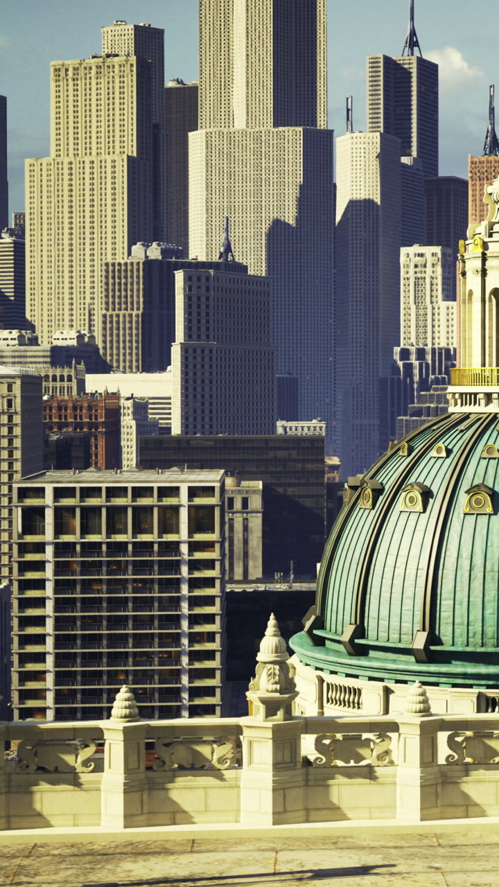 Skyline view of towering skyscrapers under brilliant sunlight in chicago