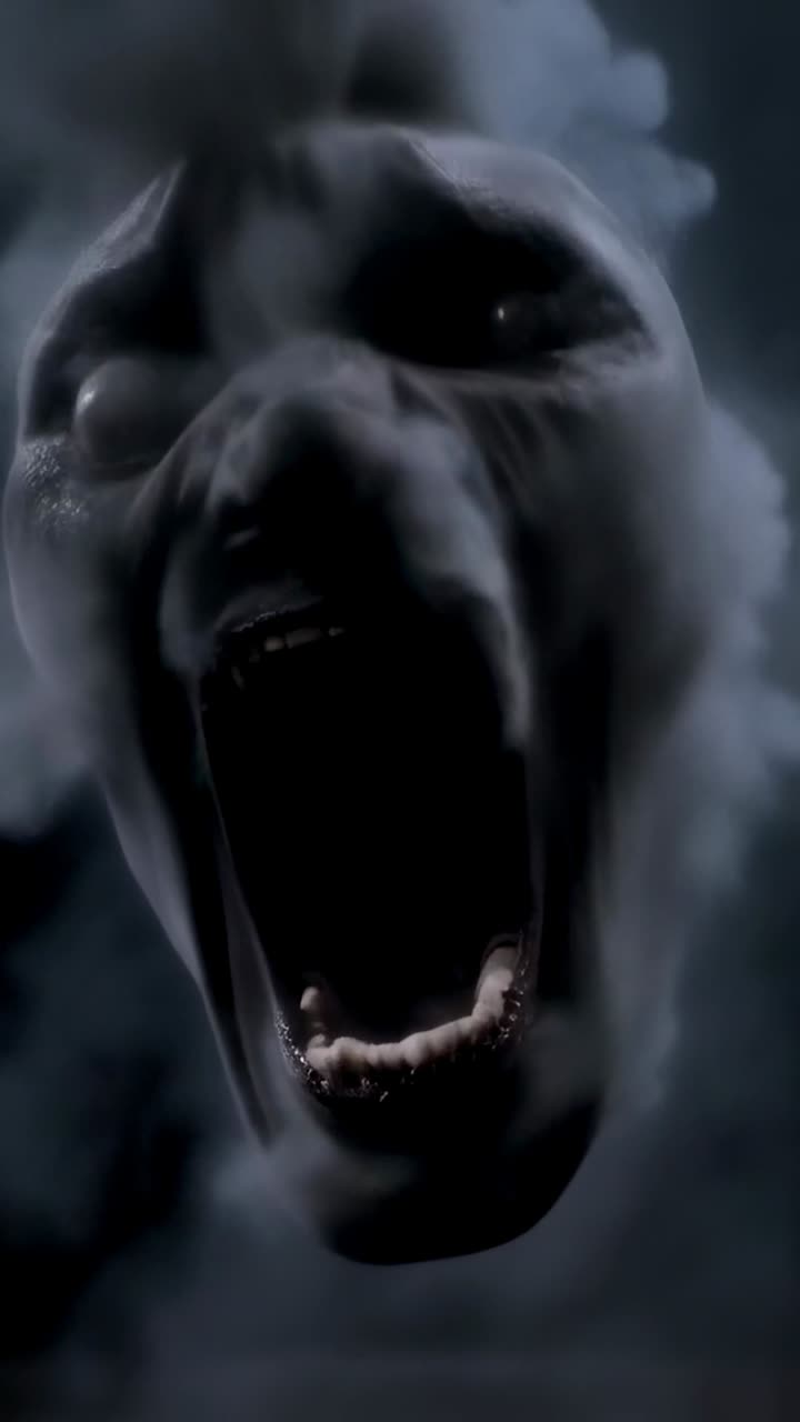 Vertical video: Condensing thick smoke forming apparition in dark void, opening mouth, fading