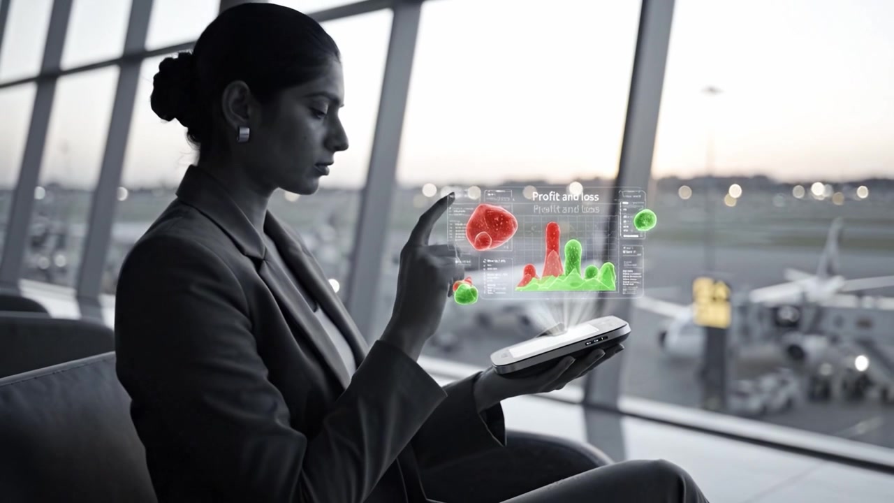 A business professional analyzes health-related data through a digital device, showcasing graphical representations of cell structures in a modern airport setting.