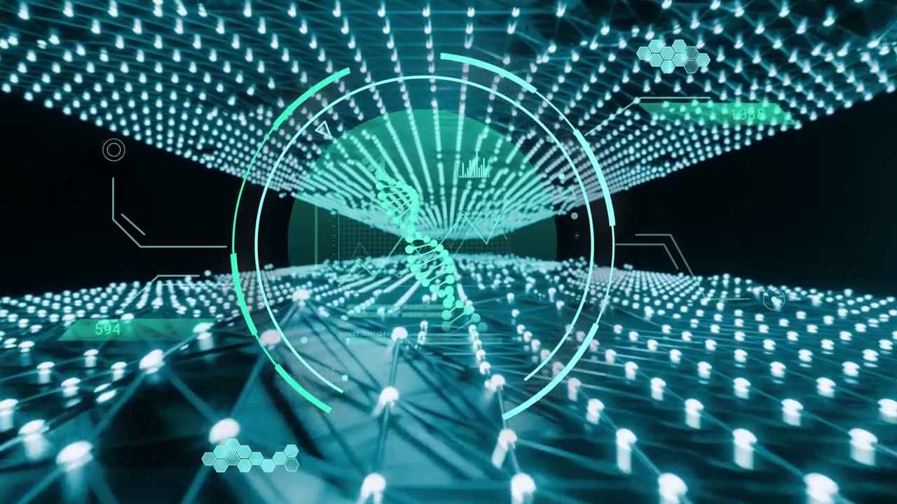 Blur lifting, central HUD rotating rings and revealing data, driving forward as scanning DNA helix