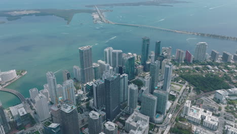 Aerial-panoramic-shot-of-modern-high-rise-buildings.-Group-of-skyscrapers-in-urban-borough-on-sea-coast.-Miami,-USA