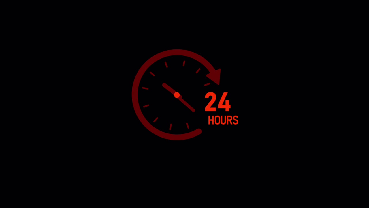 Animated Red 24 Hours Clock Icon on Black Background