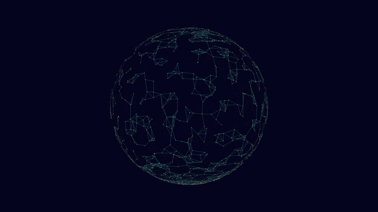 Neon futuristic sphere with connected dots and lines on dark space