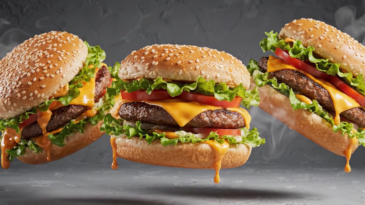 Trio di hamburger da acquolina in bocca: una vista ravvicinata di succulenti polpette di manzo, formaggio fuso, verdure fresche e bontà calda e fumante in una presentazione invitante.