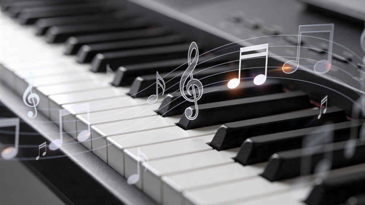 Digitalt keyboard viser notation, der bevæger sig til højre over tangenterne i et studie under afspilning, med et kontrolpanel.