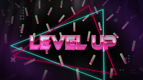 Animation-of-level-up-over-triangles-and-colorful-rollers-on-black-background