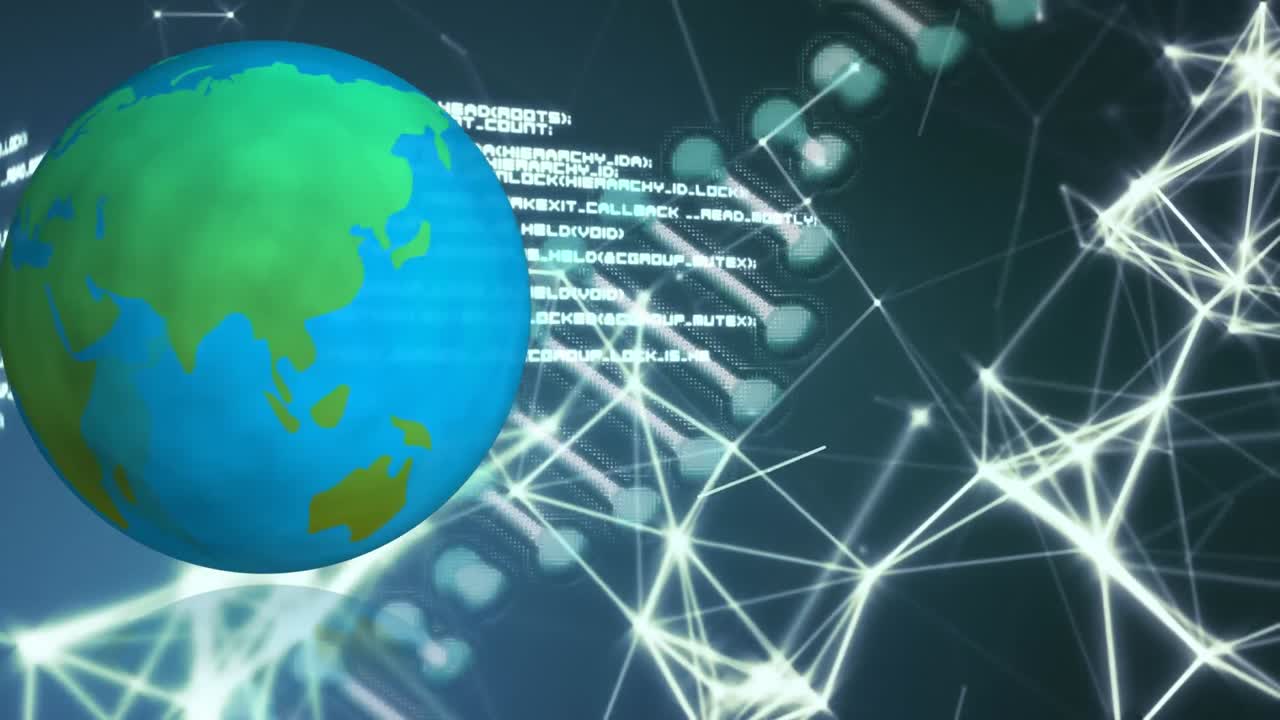 검은 바탕에 있는 dna 사슬과 컴퓨터 데이터 위에 있는 지구의 애니메이션