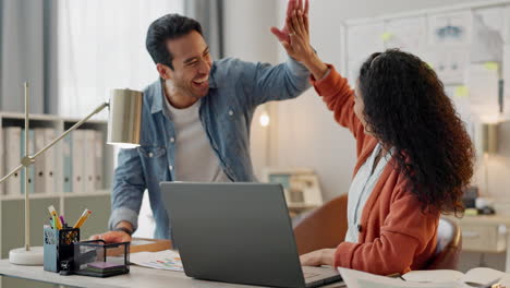 business people, laptop and high five