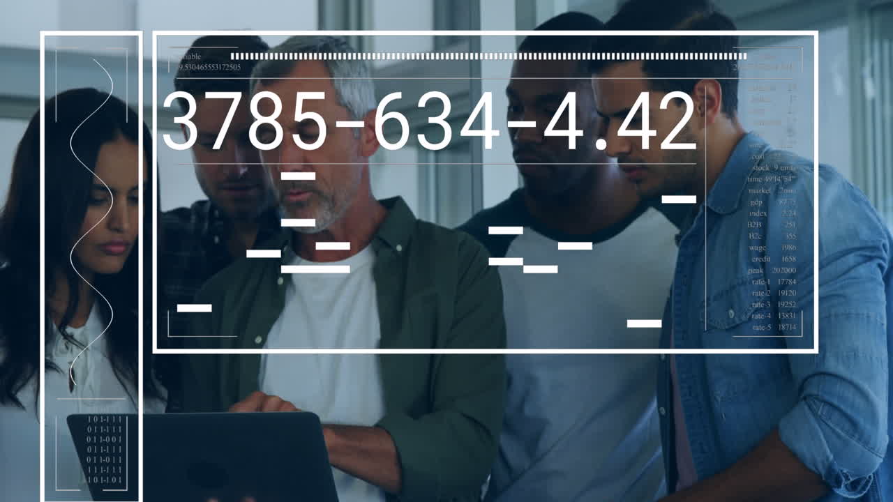 Animation of financial data processing over diverse business people using laptop at office