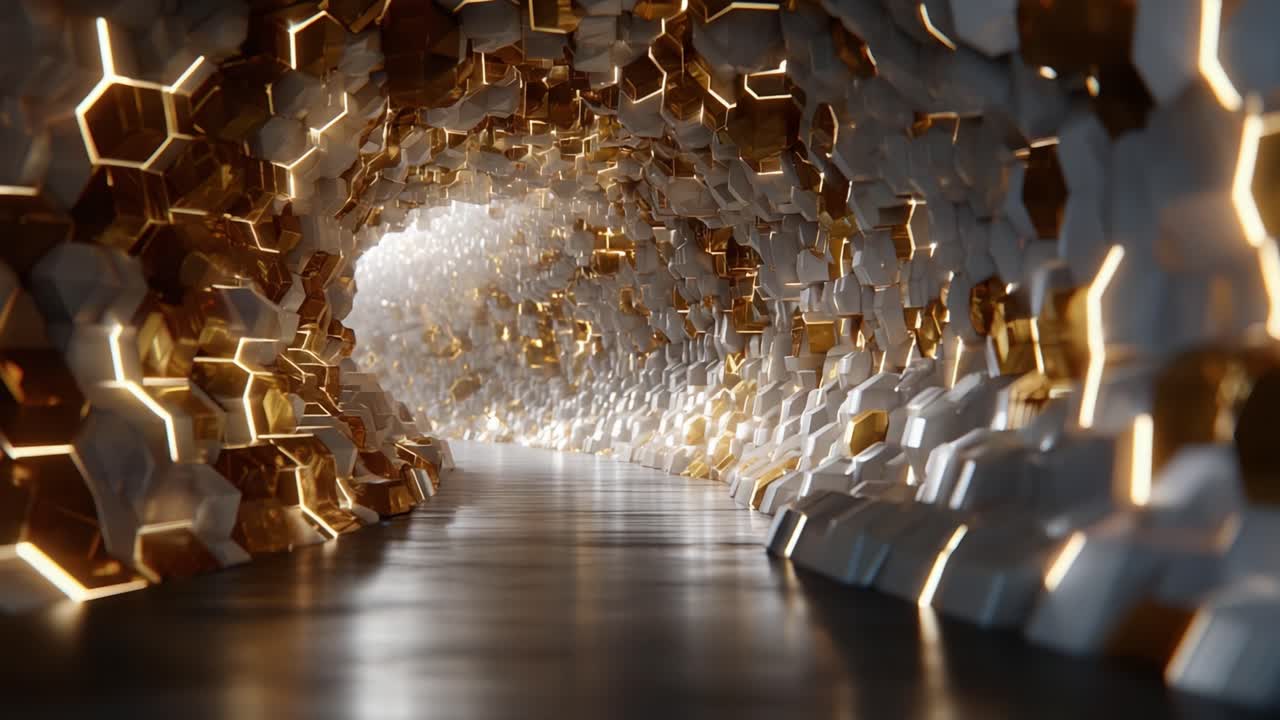 A Mesmerizing Journey Through a Glimmering Geometric Tunnel of Hexagonal Forms and Reflective Surfaces, Illuminated by Soft Radiant Light in a Surreal Atmosphere