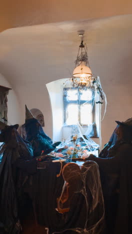 four figures of old witches wearing black clothes sitting at the table. decorated room with spider web in bran castle, romania. vertical video