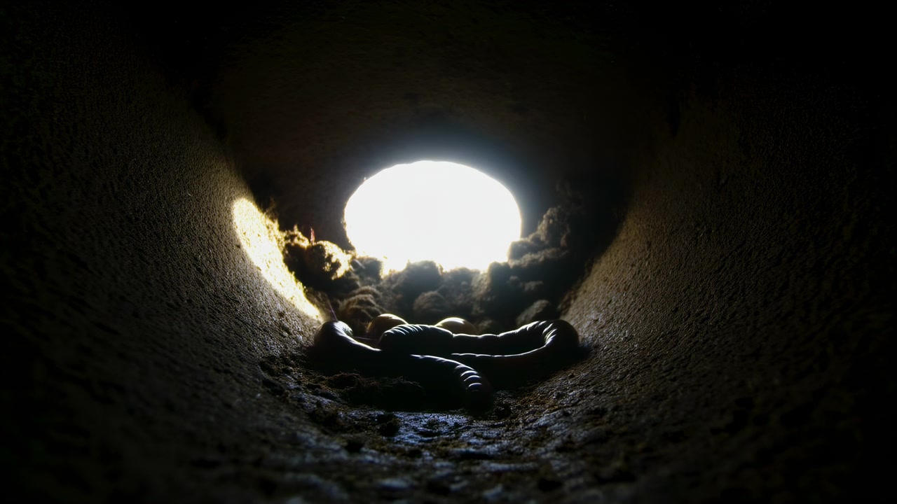 Very low close view inside narrow rounded earthen chamber, looking toward bright circular opening, with tunnel, nest, eggs, silhouette detail, showing backlight, aperture, halo, rimlight context