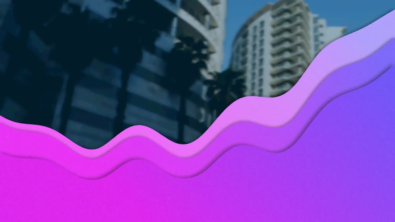 animación de ondas púrpuras sobre edificios modernos