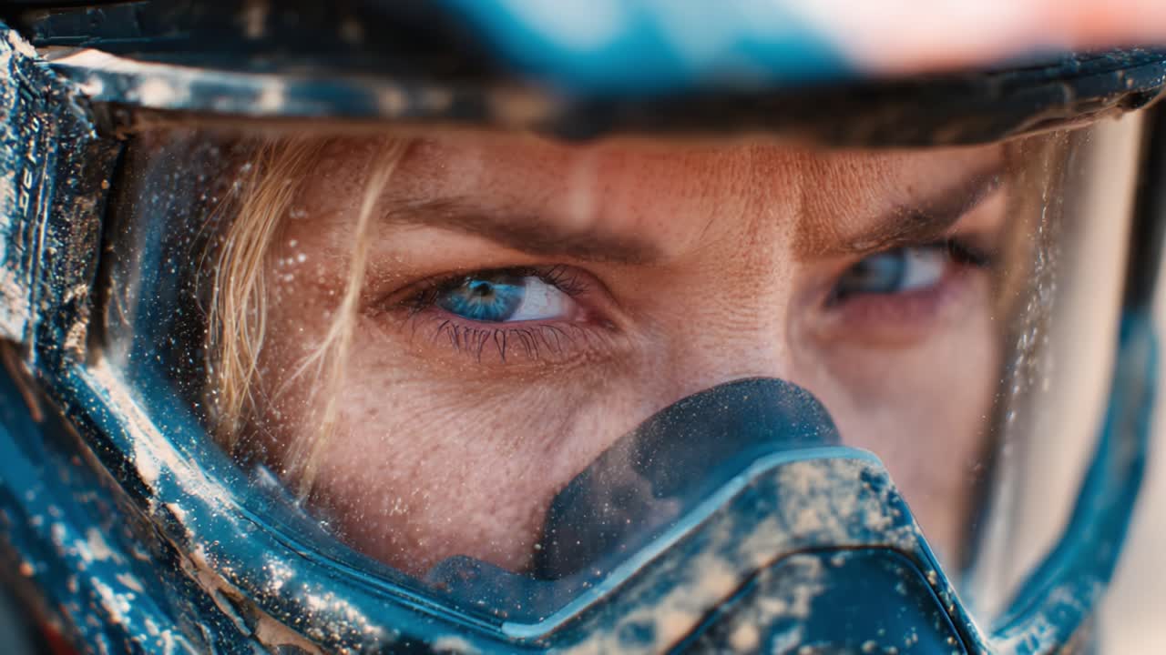 Intense Focus and Determination: A Close-Up of a Dirt Bike Rider's Gritty Eyes Behind the Helmet, Capturing the Spirit of Adventure and Resilience in Extreme Sports