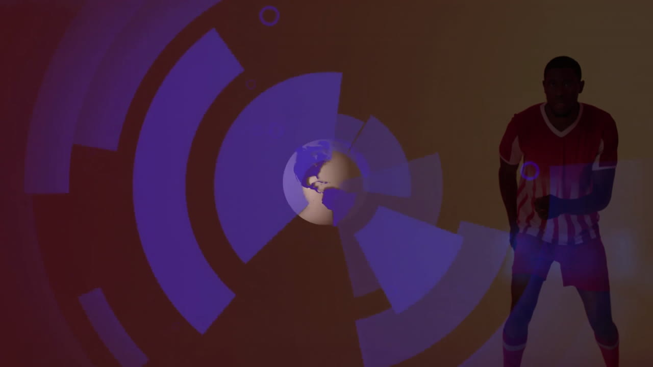 Abstract geometric animation with globe over silhouette of person in sports attire