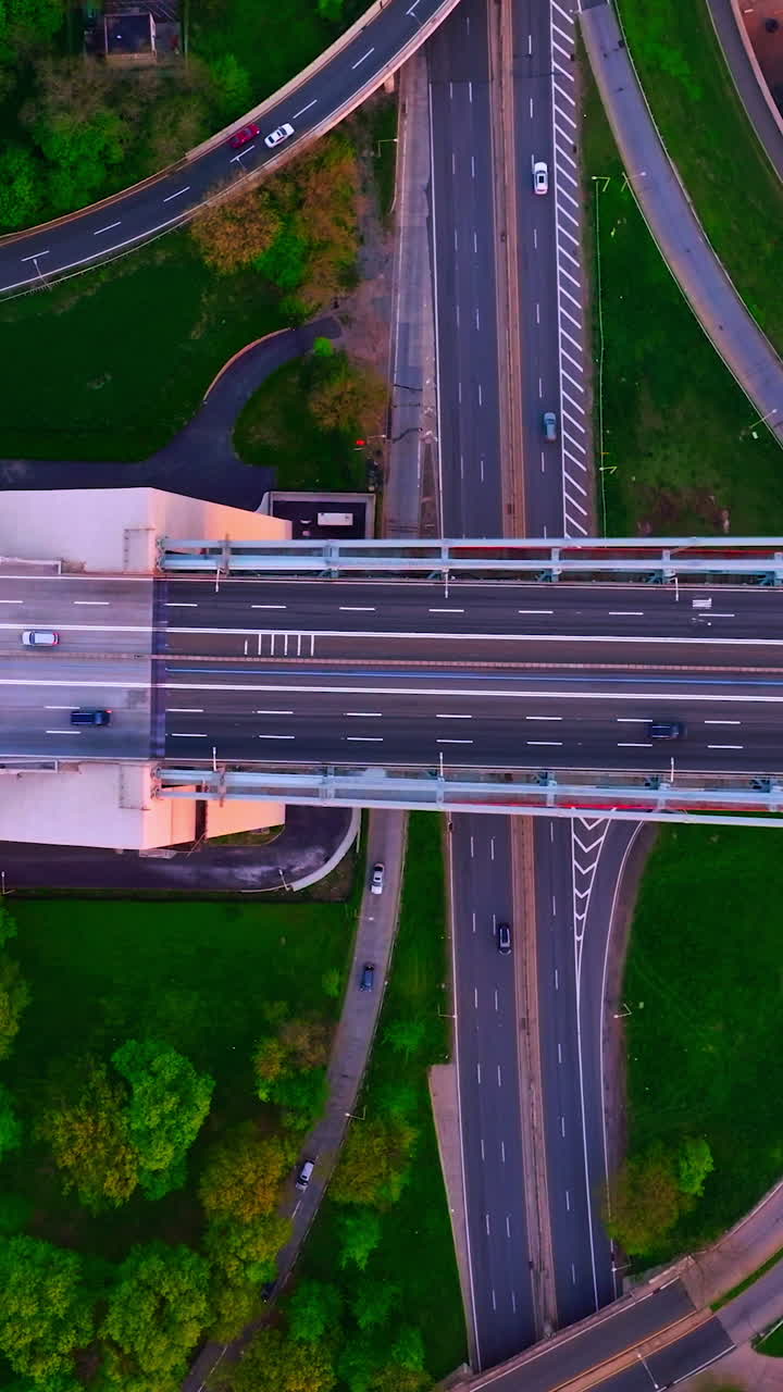 Diverse speed roads going in different directions. Cars going quickly along green areas and huge bridge. Vertical video