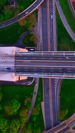 diverse speed roads going in different directions. cars going quickly along green areas and huge bridge. vertical video
