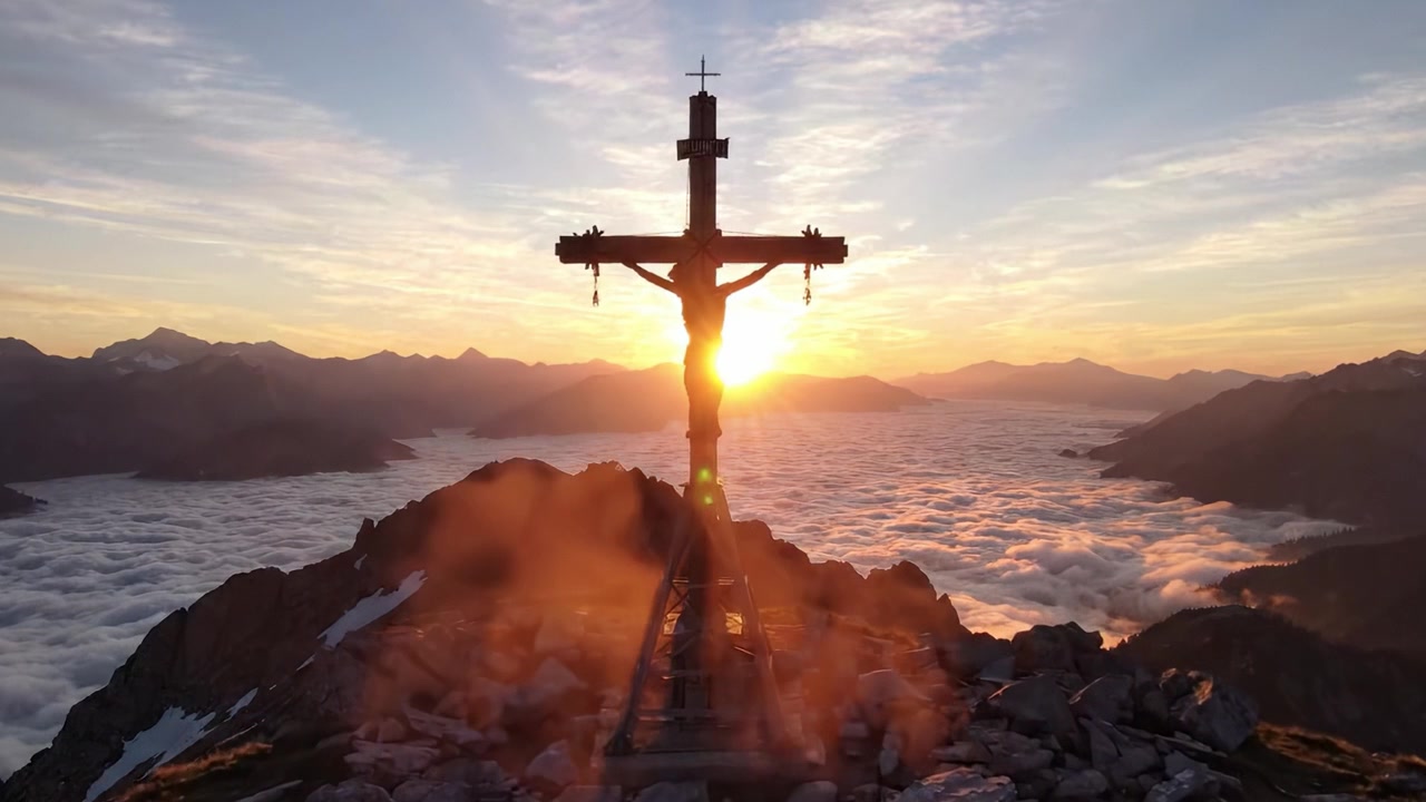 Un'alba drammatica sulle montagne che cattura una silhouette a croce in mezzo a un mare di nuvole, offrendo un'atmosfera serena per la riflessione e il risveglio spirituale.