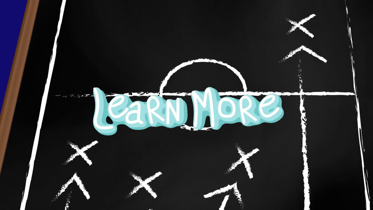 Animation of learn more text over arrow, circles and x symbols on sports court over blue background
