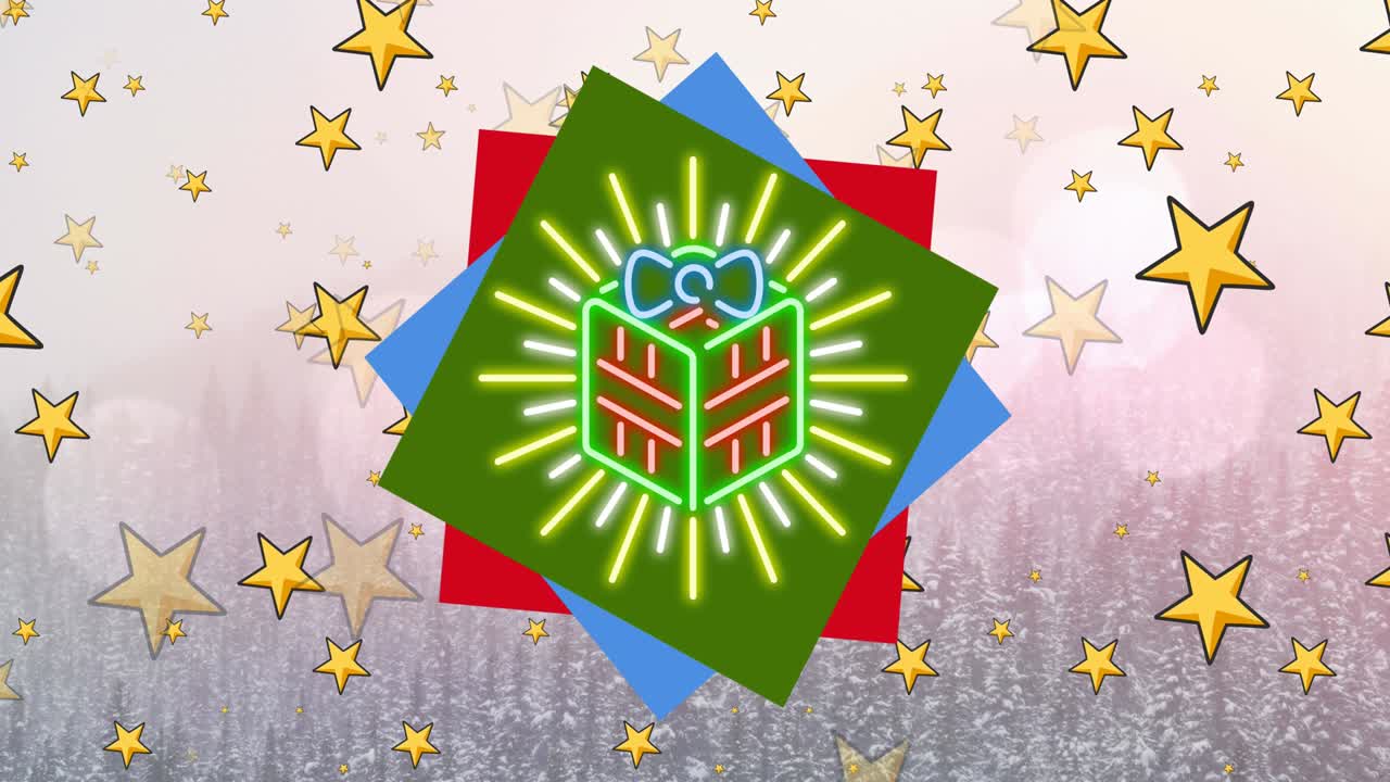 네온의 애니메이션 크리스마스 선물 떨어지는 별 위에