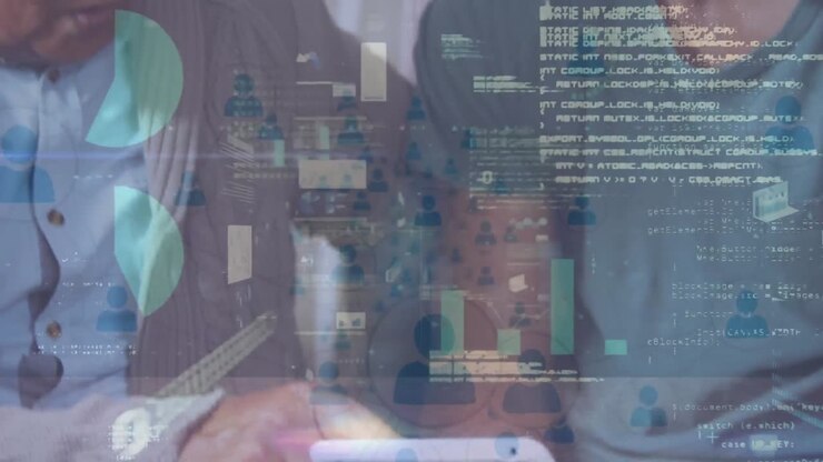 Animation of statistics and data processing over biracial father with son reading