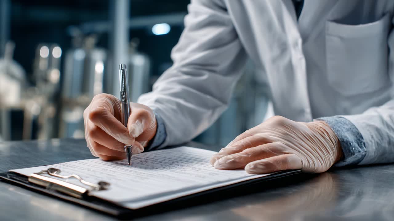 A medical professional carefully documents information on a clipboard, emphasizing the importance of accurate record-keeping in a laboratory environment, showcasing professionalism and attention to detail