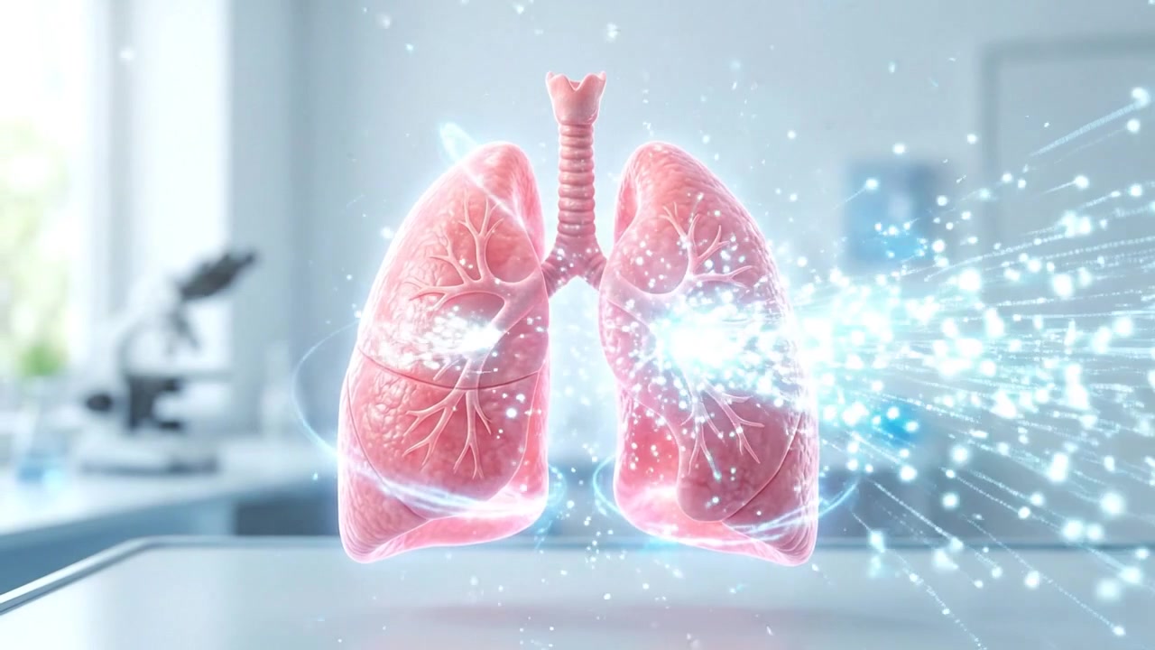 Scientific medical illustration of human lungs with pair of lungs displayed against a bright clinical background in a clear anatomical presentation