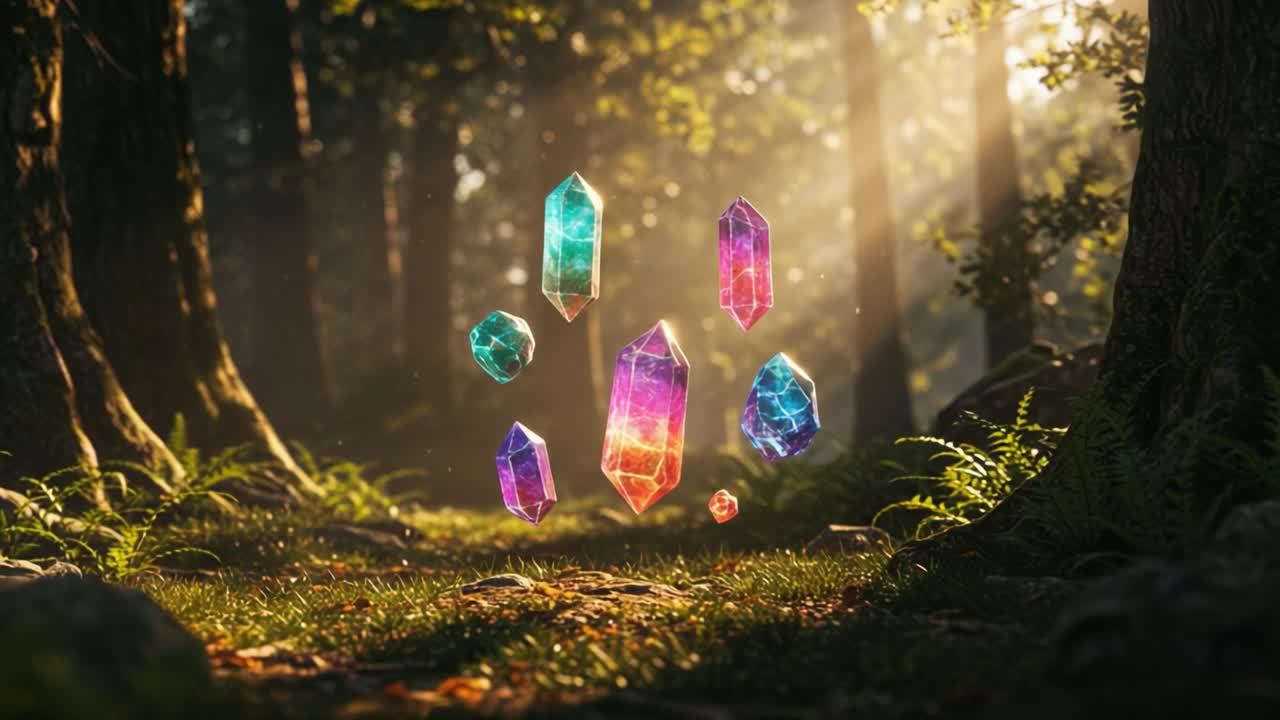 A Magical Display of Vibrant Crystals Illuminating a Sunlit Forest, Surrounded by Lush Greenery and Enchanting Nature, Captivating the Eye with Their Ethereal Glow