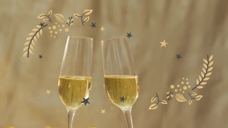 animation of floral pattern and confetti falling over champagne glasses