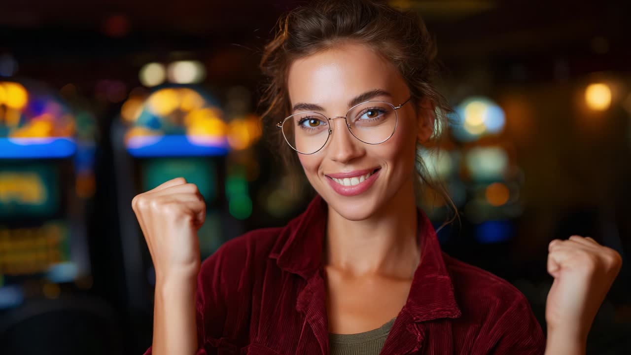 Alegria e entusiasmo emanam da jogadora vencedora em um cassino, capturando um momento de felicidade enquanto ela comemora um triunfo em meio às luzes coloridas e às máquinas ao fundo
