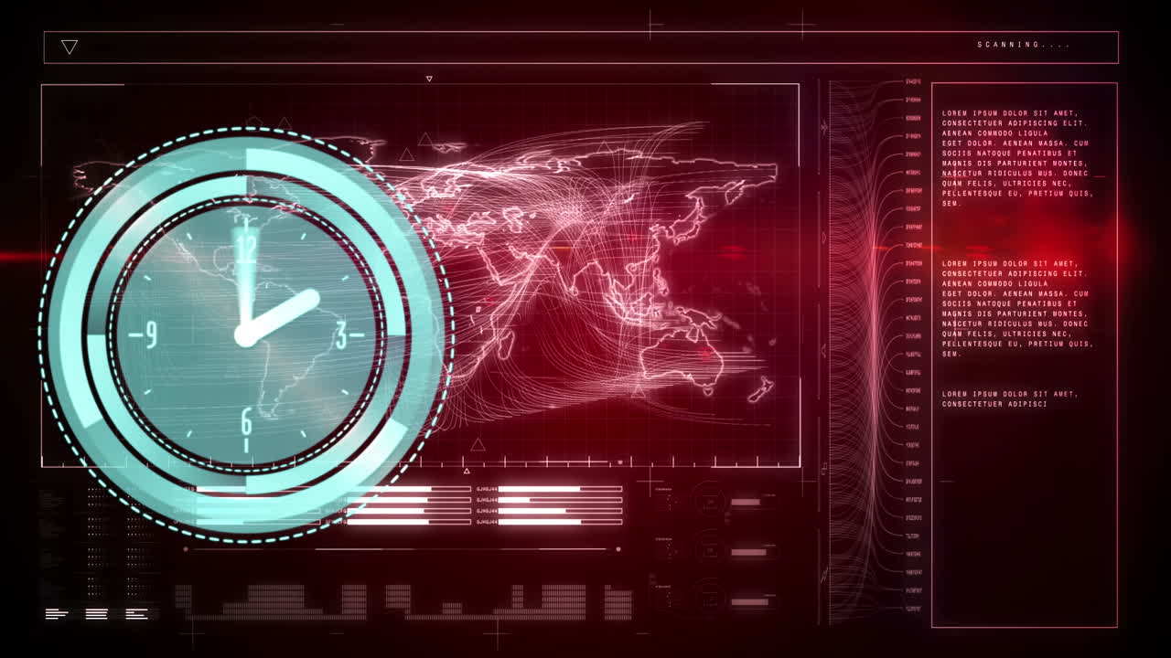 animación del reloj moviéndose sobre el procesamiento de datos en fondo negro