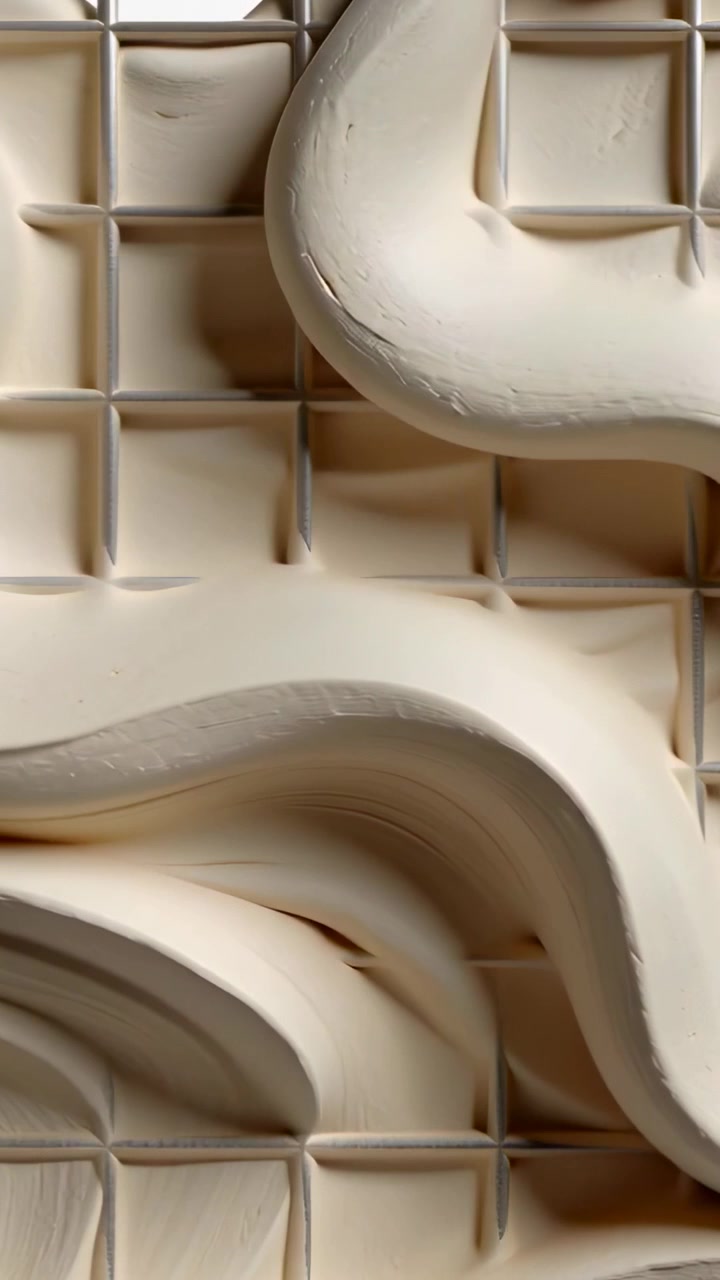 Video verticale: Strati beige che partono dai bordi inferiori e sinistri, scorrendo su una griglia quadrata e creando pieghe.