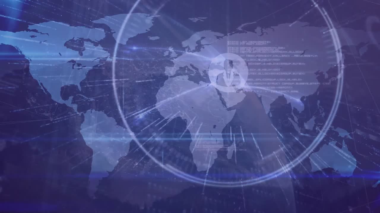 금융 데이터 처리의 애니메이션과 파란색 배경의 세계 지도