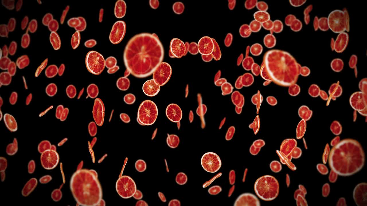 검은 바탕에 많은 건조 오렌지를 날아. 탈수 된 과일, 음식 개념. 3d 애니메이션 조각 된 과일 오렌지 회전. 루프 애니메이션.