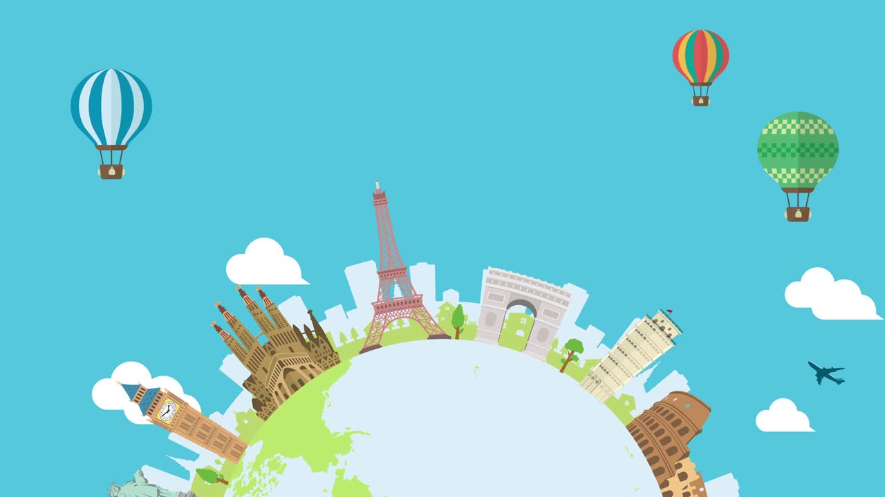 여행, 휴가, 관광 애니메이션 배너 (4k) 세계 유산 및 세계적으로 유명한 건물. 텍스트 버전이 없습니다.